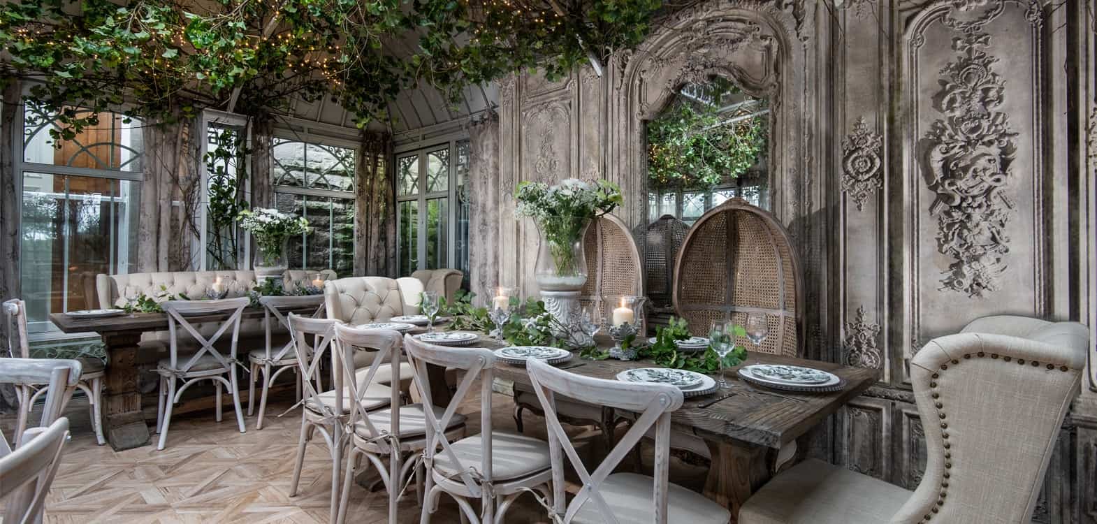 Wedding dining in the Glasshouse at Branxholm Park